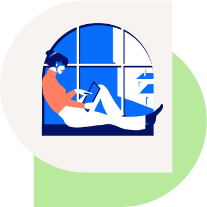 Ilustracion mujer con portatil sentada en la repisa de la ventana